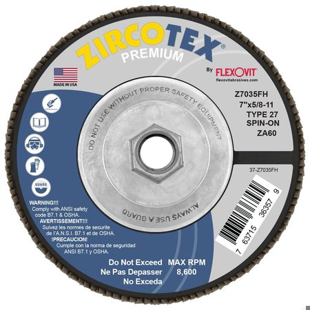 FLEXOVIT FLAP DISC ZIRCOTEX 7inX5/8-11 ZA60 Z7035FH